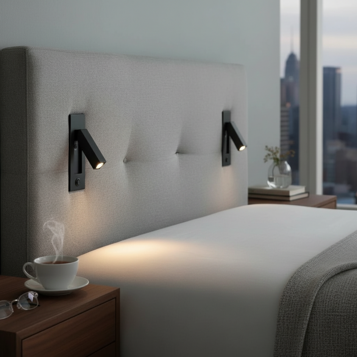 Ultra Beam Lighting Ltd black recessed reading lights mounted on a grey upholstered headboard in a modern bedroom.