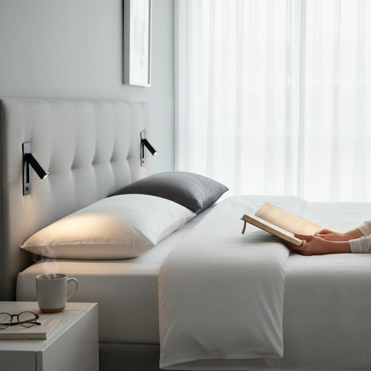 Ultra Beam Lighting Ltd black adjustable recessed reading light mounted on a grey headboard in a modern bedroom