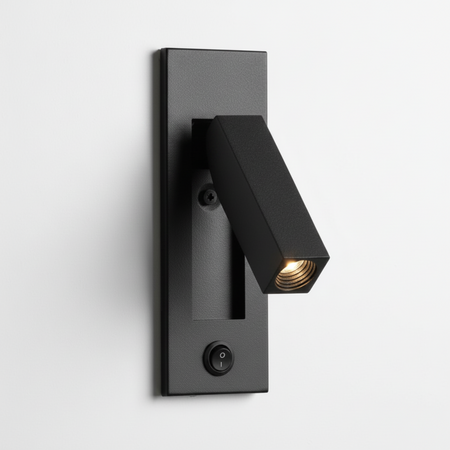 Ultra Beam Lighting Ltd black recessed reading light with adjustable arm and rocker switch on a white wall