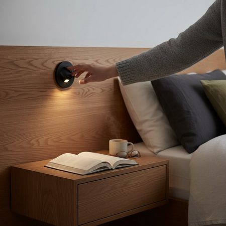 Ultra Beam Lighting Ltd black recessed LED reading light mounted on a wooden headboard with a hand adjusting the tilt