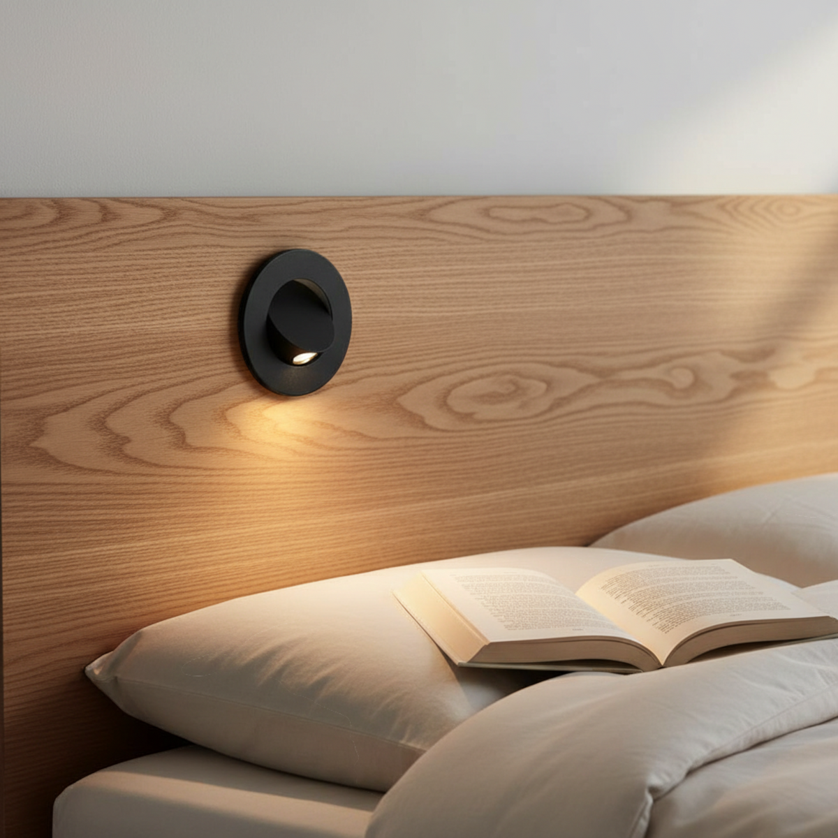 Ultra Beam Lighting Ltd black recessed LED reading light mounted on a wooden headboard above a bed with an open book.