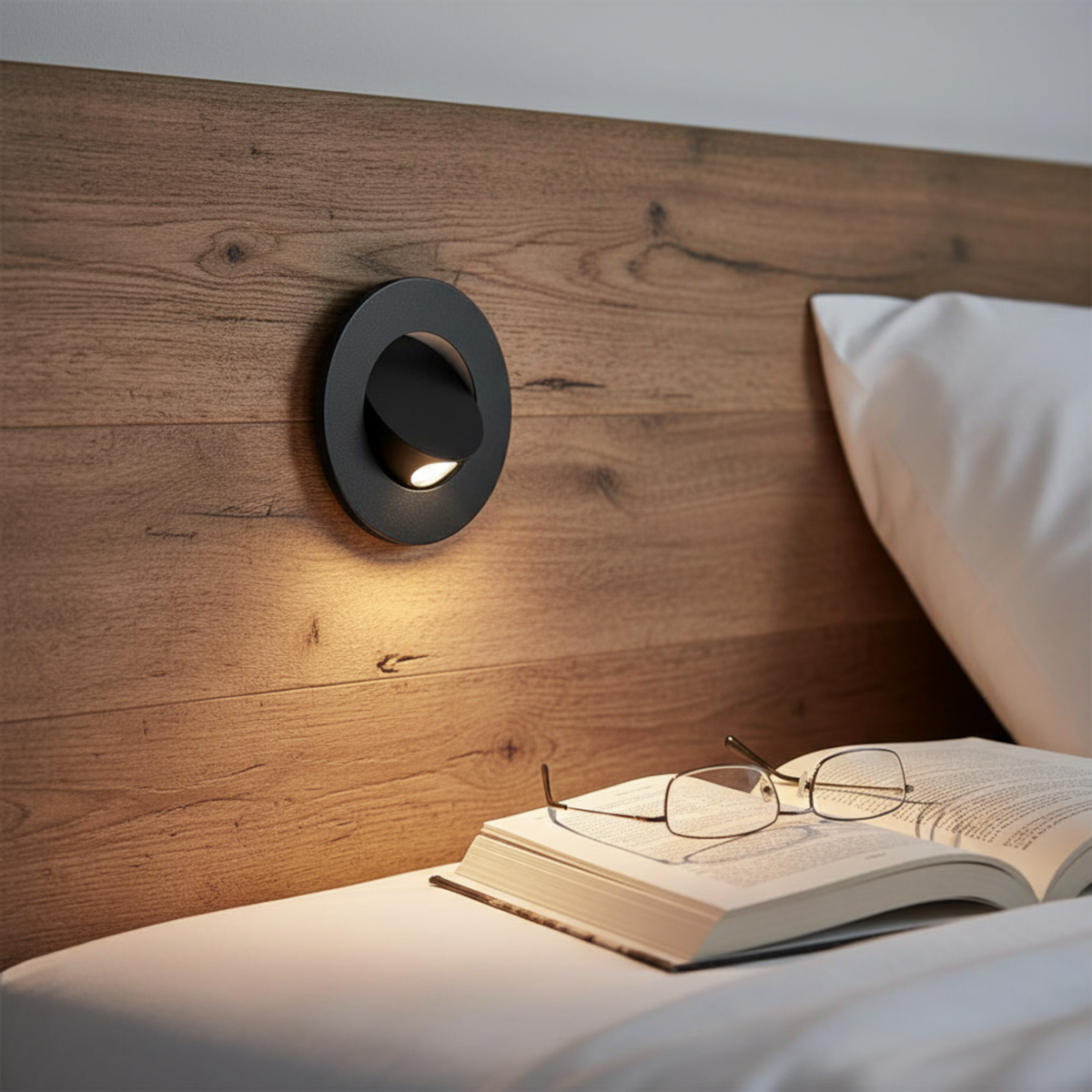 Ultra Beam Lighting Ltd black recessed LED reading light mounted on a wooden headboard above an open book
