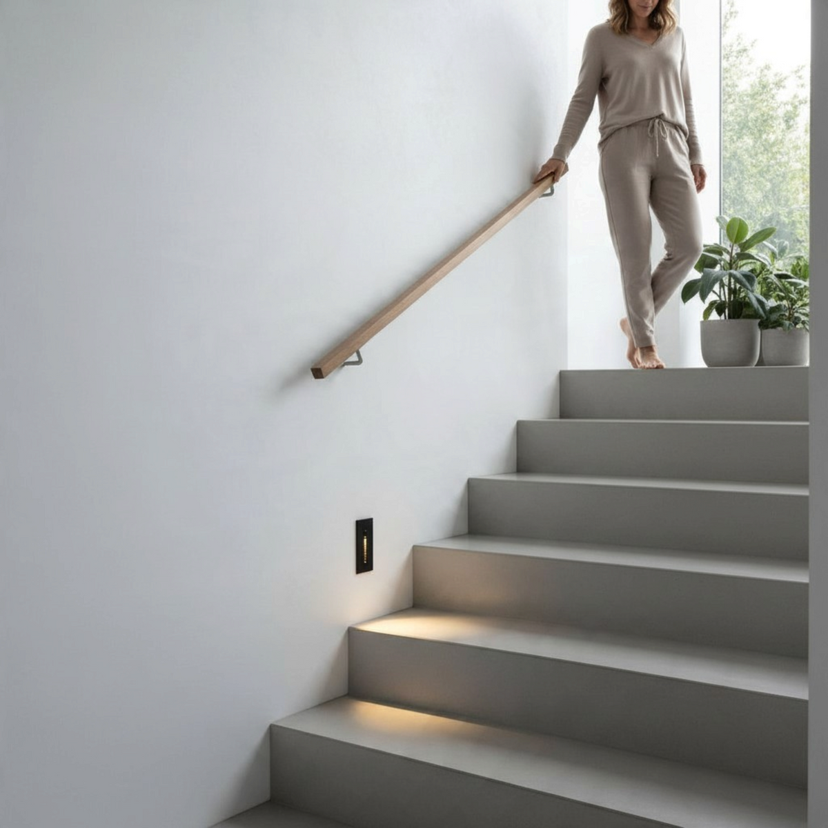 Ultra Beam Lighting Ltd 3W black recessed motion sensor light illuminating a modern staircase in a home interior