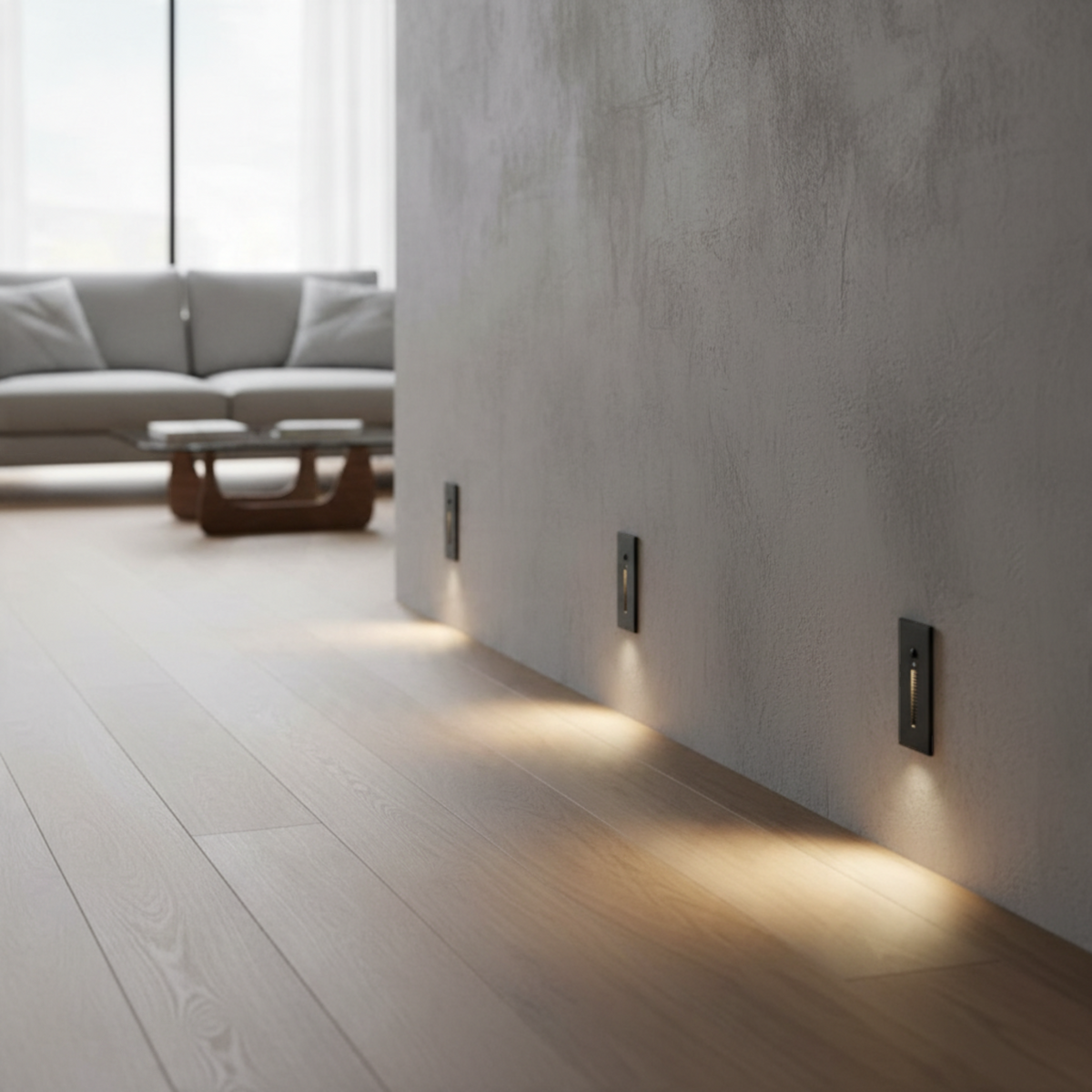 Ultra Beam Lighting Ltd black recessed motion sensor step lights installed along a modern indoor wall