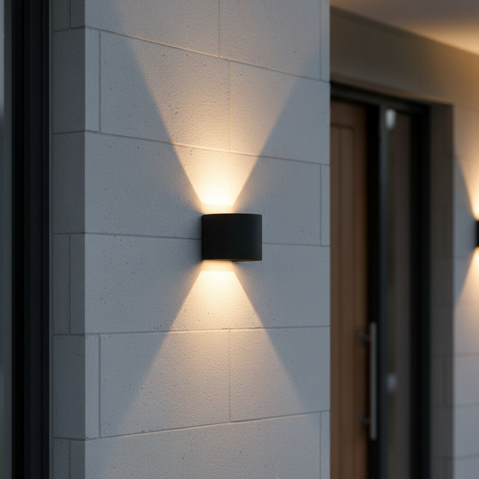 Ultra Beam Lighting Ltd round black LED outdoor wall light casting warm up and down beams on a textured stone wall