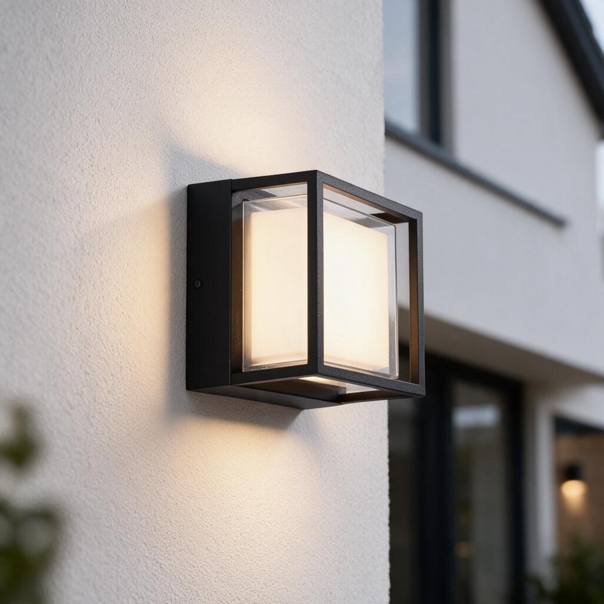 Ultra Beam Lighting Ltd 12W square black outdoor wall light with frosted acrylic lens on a white exterior wall