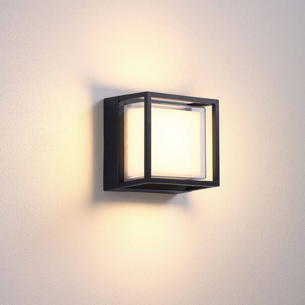 Ultra Beam Lighting Ltd 12 watt square black outdoor wall light with frosted lens for warm ambient garden illumination