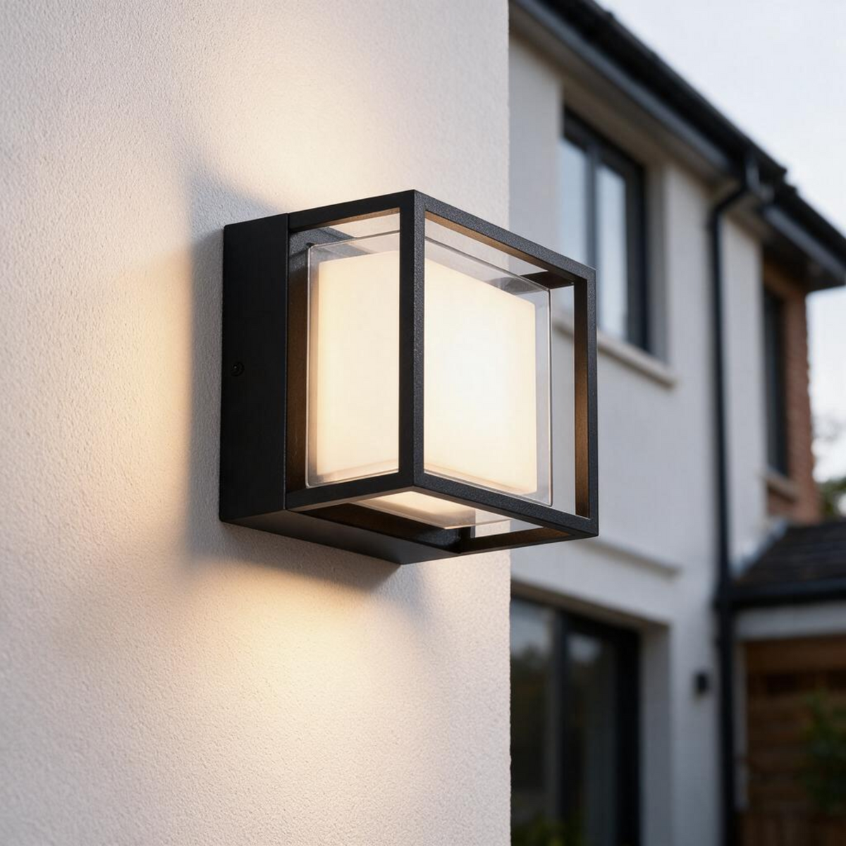 Ultra Beam Lighting Ltd 12W square black outdoor wall light with frosted acrylic lens on a white exterior wall
