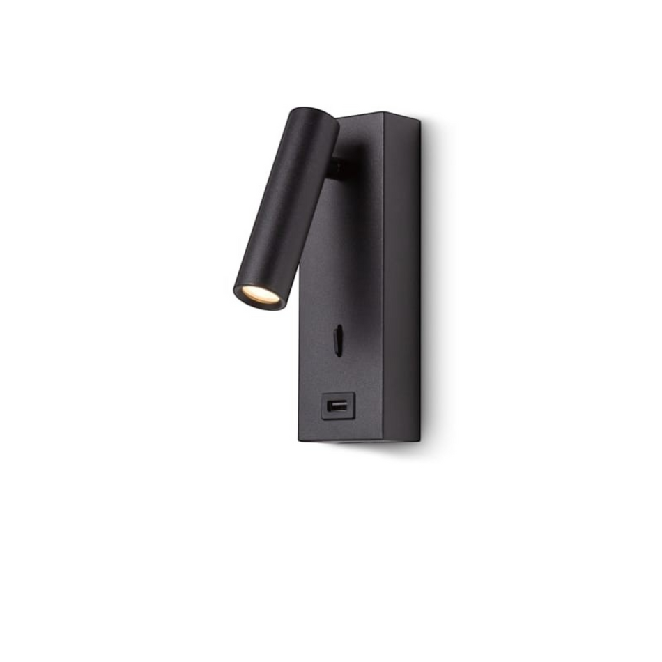 Ultra Beam Lighting Ltd black LED wall mounted reading light with adjustable head and integrated USB charging port.