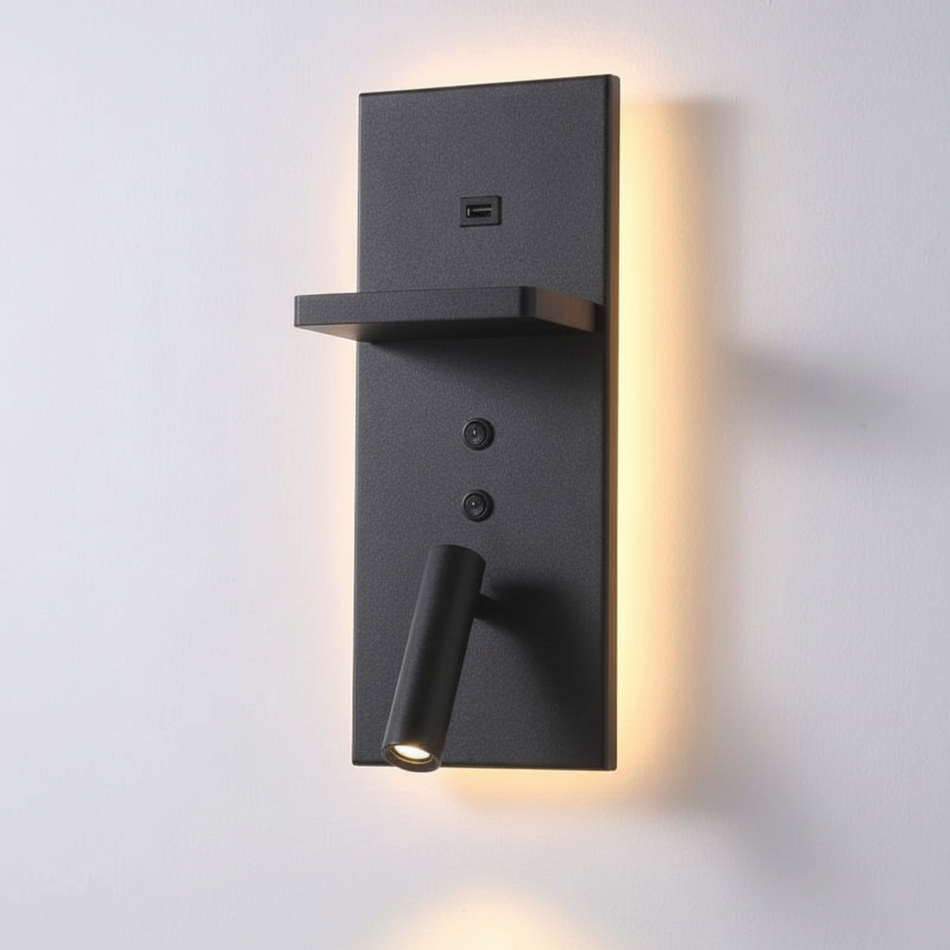 Ultra Beam Lighting Ltd black bedroom wall lamp with adjustable reading light, USB port, and wireless charging shelf.
