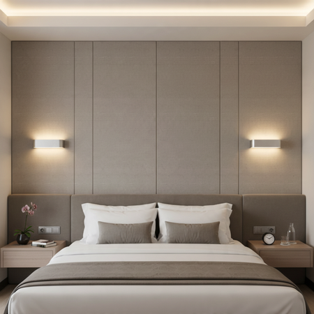 Ultra Beam Lighting Ltd brushed aluminium up and down wall lights installed on a modern bedroom feature wall