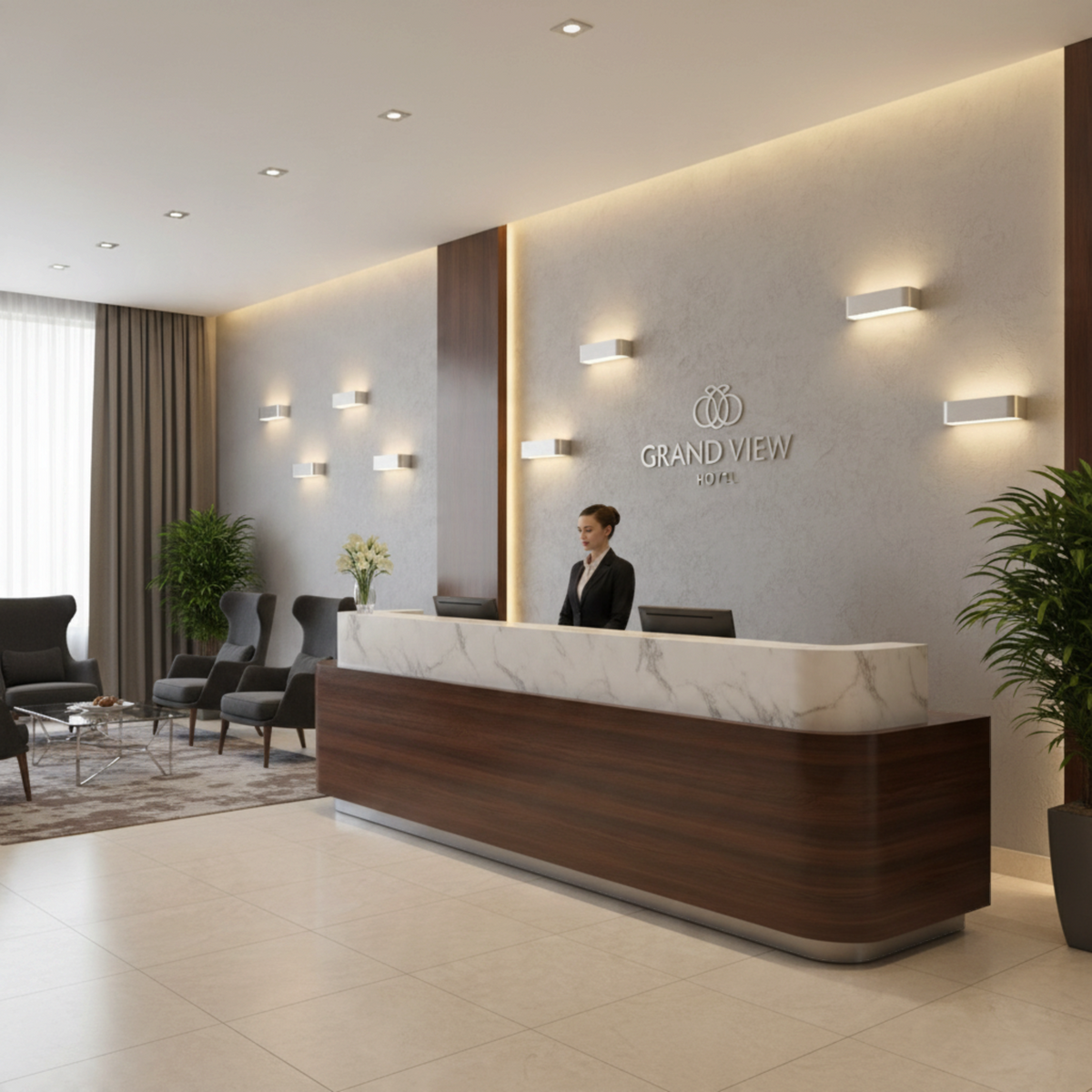 Ultra Beam Lighting Ltd brushed aluminium up and down wall lights installed in a modern hotel reception area.