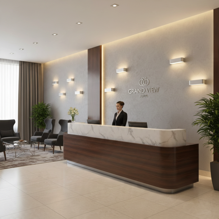 Ultra Beam Lighting Ltd brushed aluminium up and down wall lights installed in a modern hotel reception area.