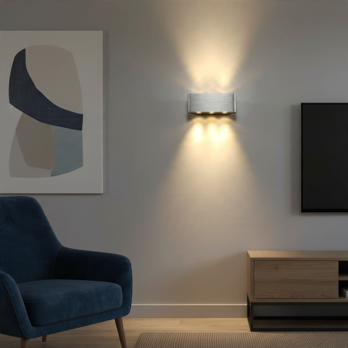 Ultra Beam Lighting Ltd brushed aluminium wall light casting warm up and down light beams in a modern living room