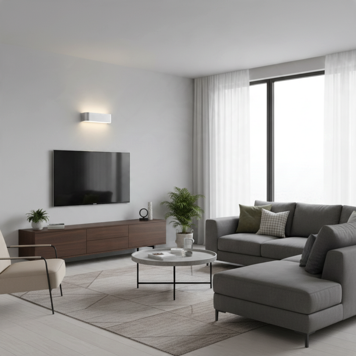Ultra Beam Lighting Ltd brushed aluminium up and down wall light mounted above a TV in a modern living room.