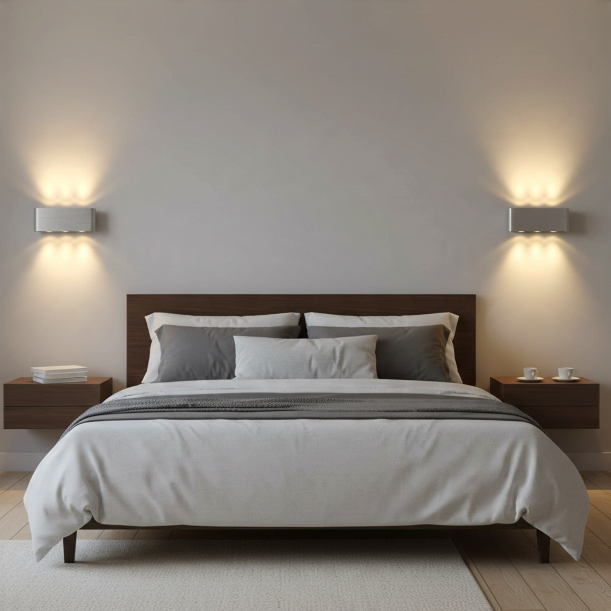 Ultra Beam Lighting Ltd brushed aluminium wall lights mounted above bedside tables in a modern bedroom