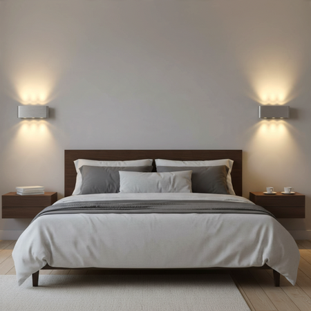 Ultra Beam Lighting Ltd brushed aluminium wall lights mounted above bedside tables in a modern bedroom