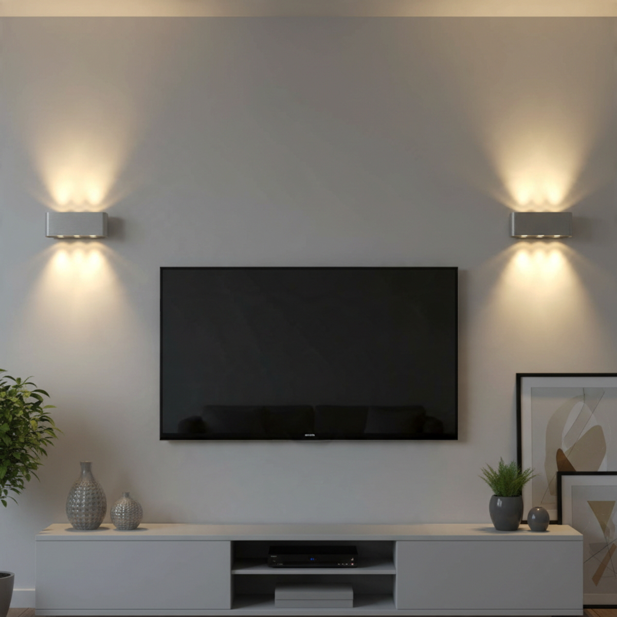 Ultra Beam Lighting Ltd brushed aluminium up and down wall lights casting warm white light on a modern living room wall
