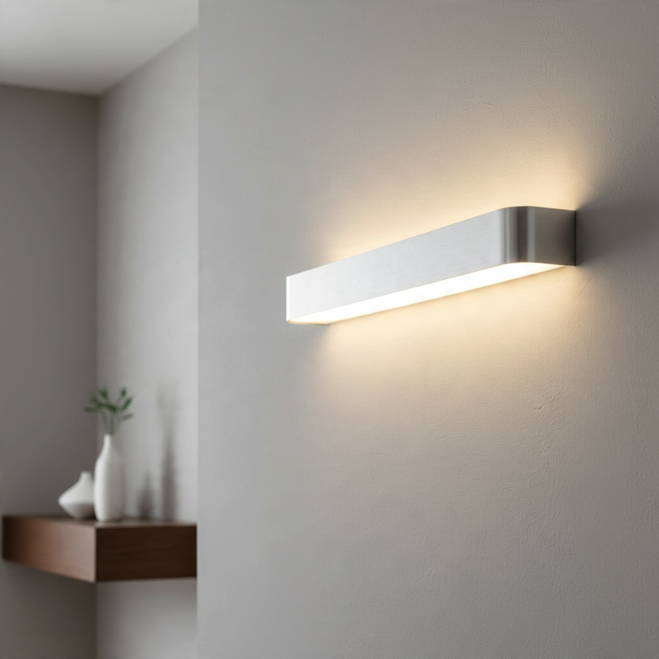 Ultra Beam Lighting Ltd 600mm dimmable LED wall light in brushed aluminium with up and down soft white illumination.