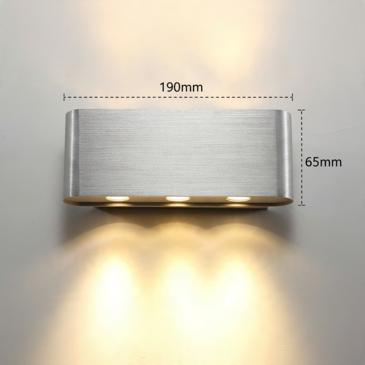 Ultra Beam Lighting Ltd brushed aluminium wall light with up and down warm white LED beams and dimension labels