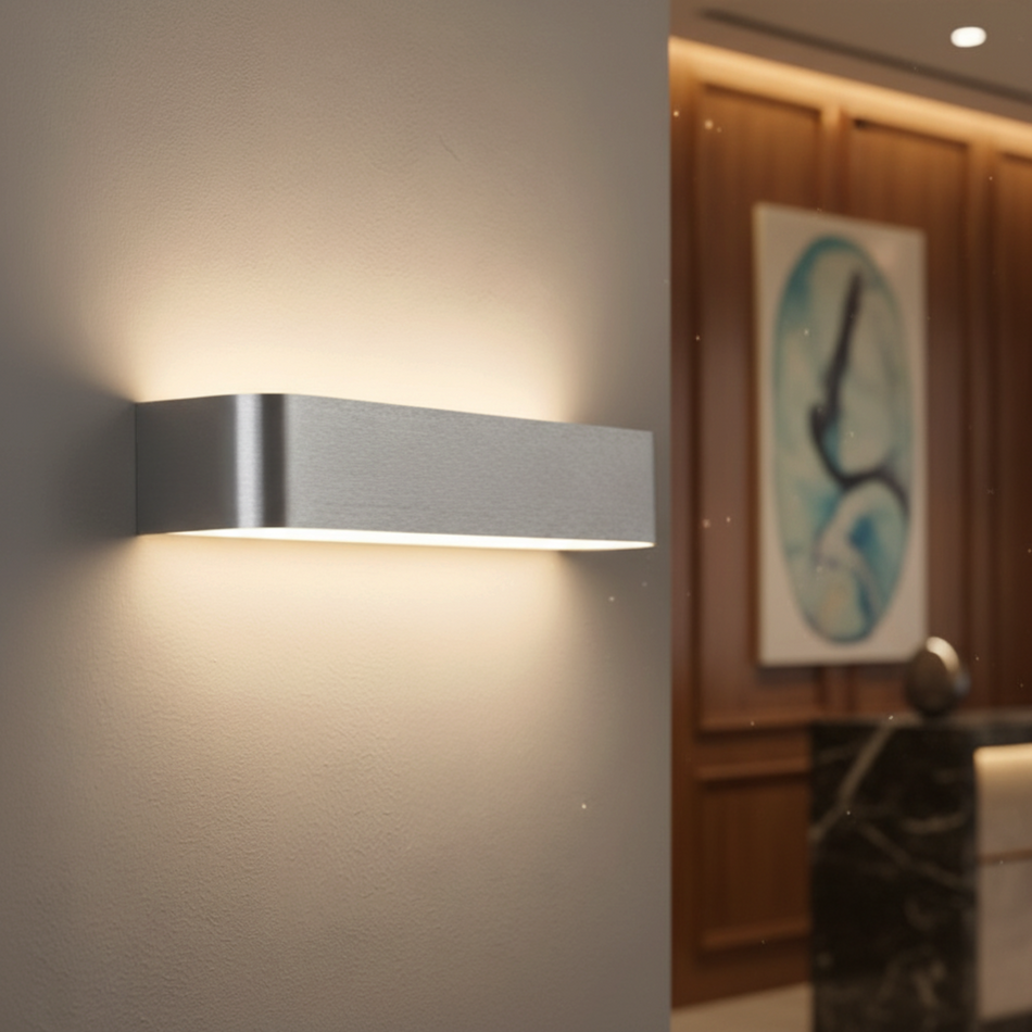 Ultra Beam Lighting Ltd 450mm brushed aluminium LED up down wall sconce with opal diffusers in a modern interior