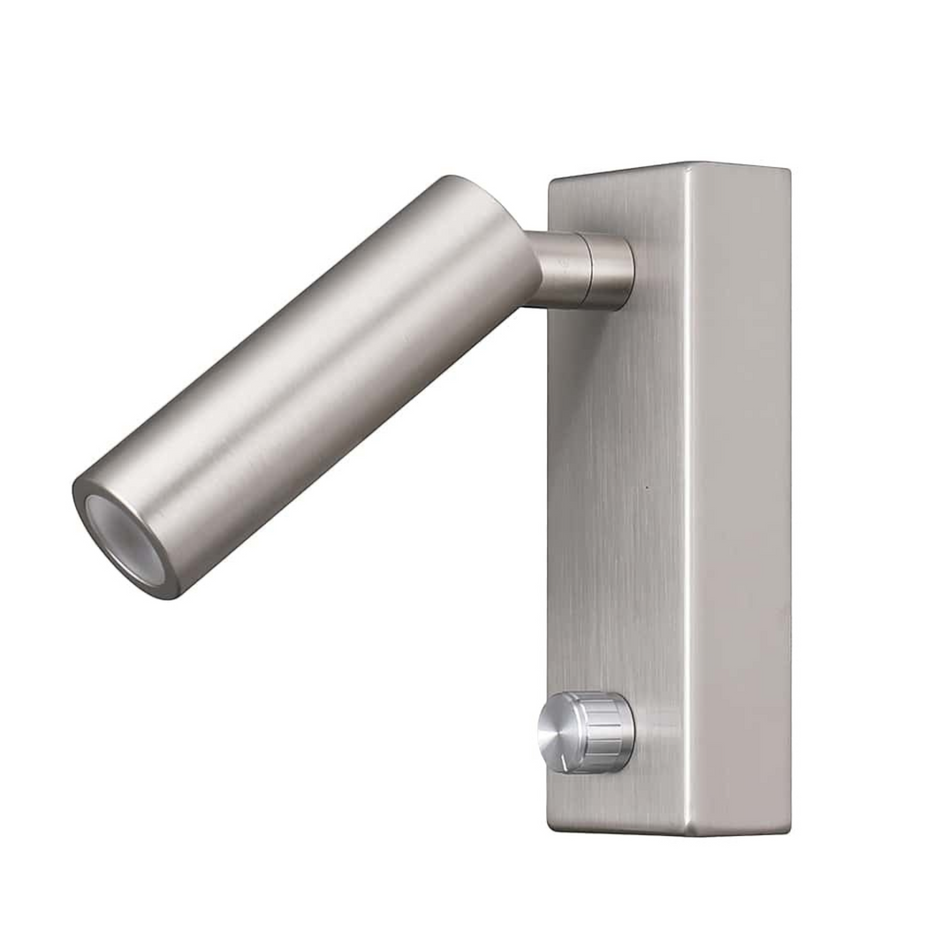 brushed nickel dimmable wall mounted reading light on a white back ground