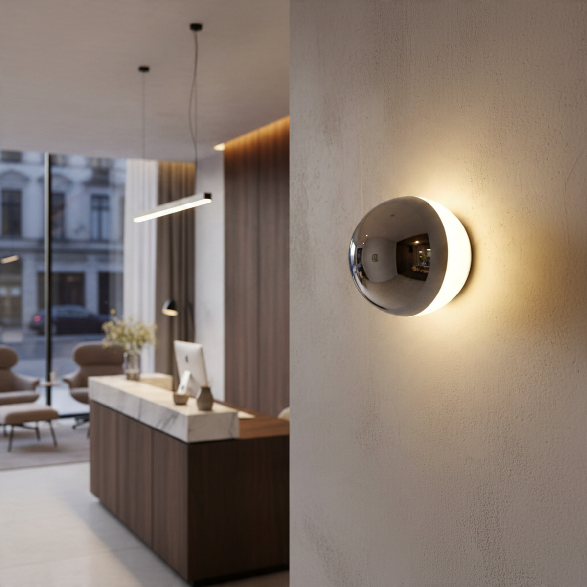 Ultra Beam Lighting Ltd dome shaped chrome indoor wall light with warm LED halo effect on a modern office wall.