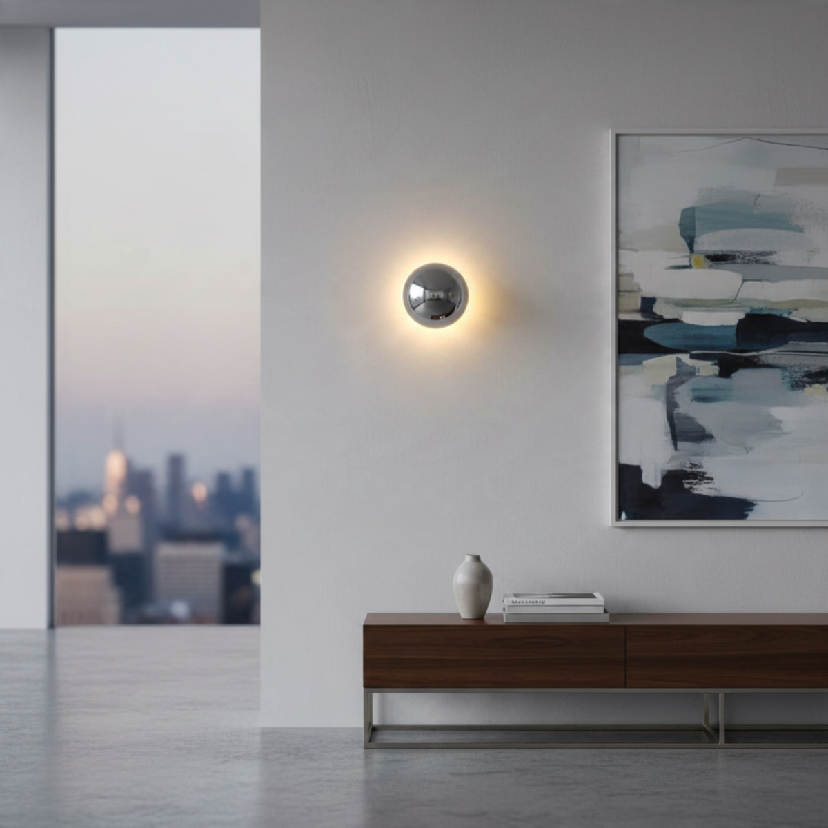 Ultra Beam Lighting Ltd 6W chrome dome wall light with halo effect mounted on a modern living room wall.