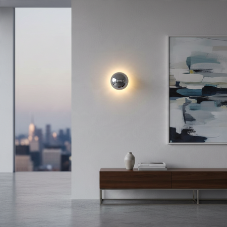 Ultra Beam Lighting Ltd 6W chrome dome wall light with halo effect mounted on a modern living room wall.