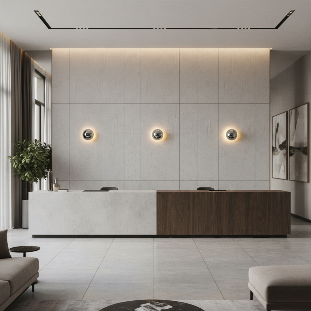 Ultra Beam Lighting Ltd 6W chrome dome wall lights with halo effect installed on a modern office feature wall.