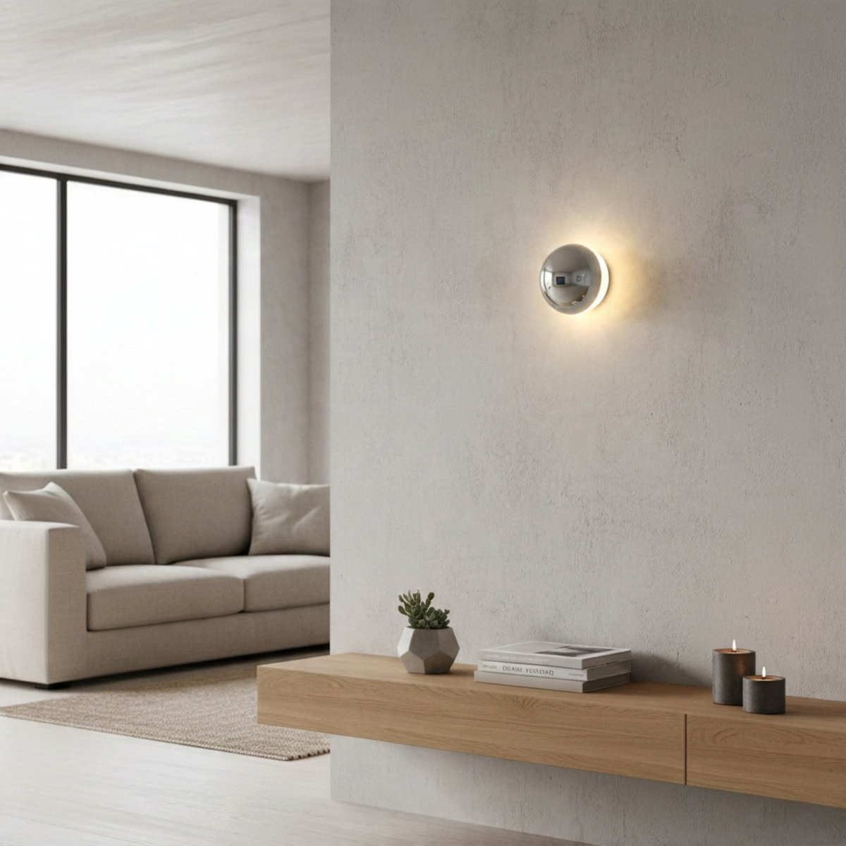 Ultra Beam Lighting Ltd 6W chrome dome wall light with halo effect mounted on a textured wall in a modern living room.
