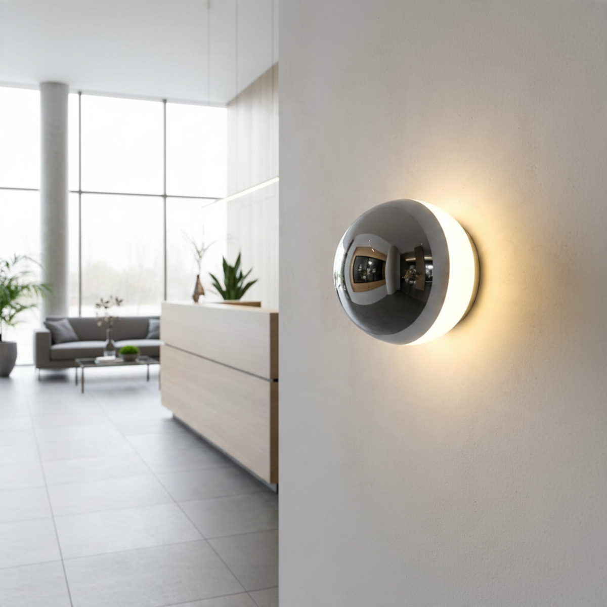 Ultra Beam Lighting Ltd 6W chrome dome wall light with acrylic diffuser creating a warm halo effect on a white wall.