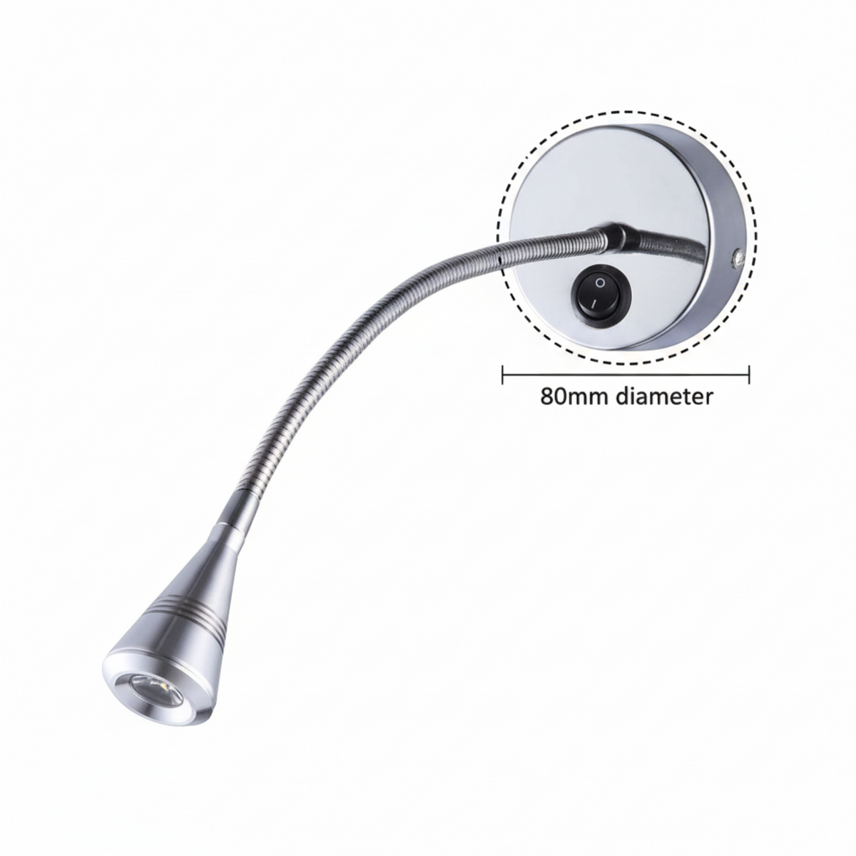 Ultra Beam Lighting Ltd Baresi 3W polished chrome LED wall reading lamp with flexible arm and 80mm diameter backplate.