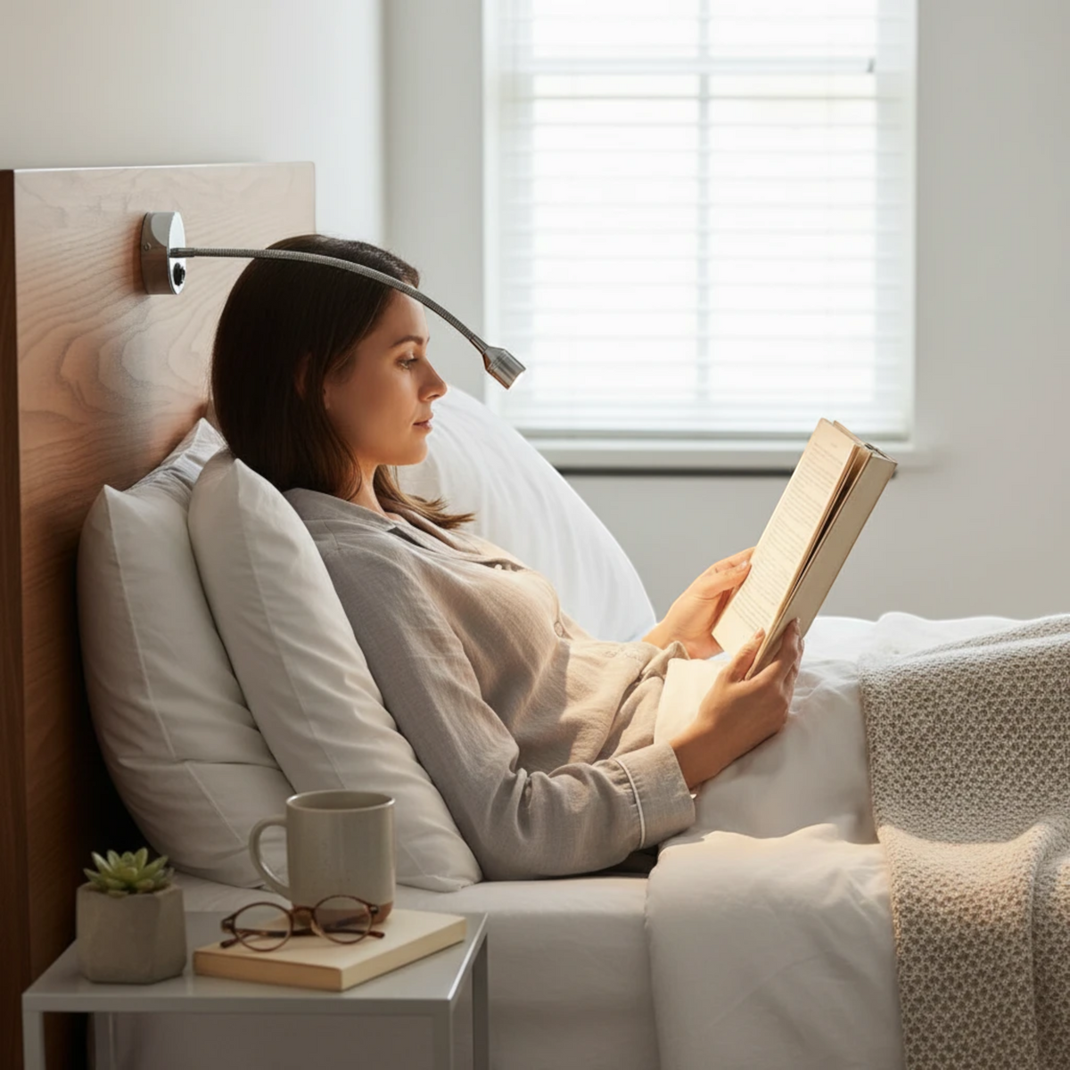 Ultra Beam Lighting Ltd Asti polished chrome flexible LED reading light mounted above a bed with a woman reading