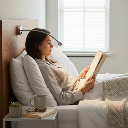 Ultra Beam Lighting Ltd Asti polished chrome flexible LED reading light mounted above a bed with a woman reading