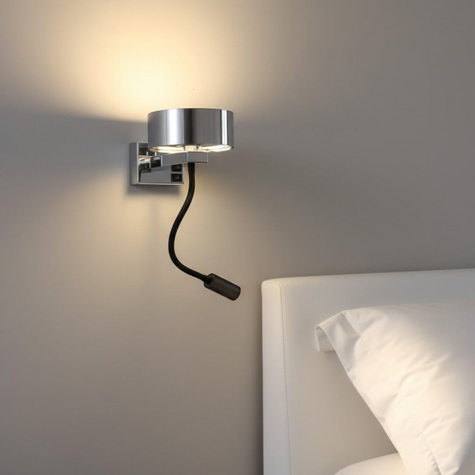 Ultra Beam Lighting Ltd polished chrome bedside wall lamp with an adjustable black flexible LED reading light arm