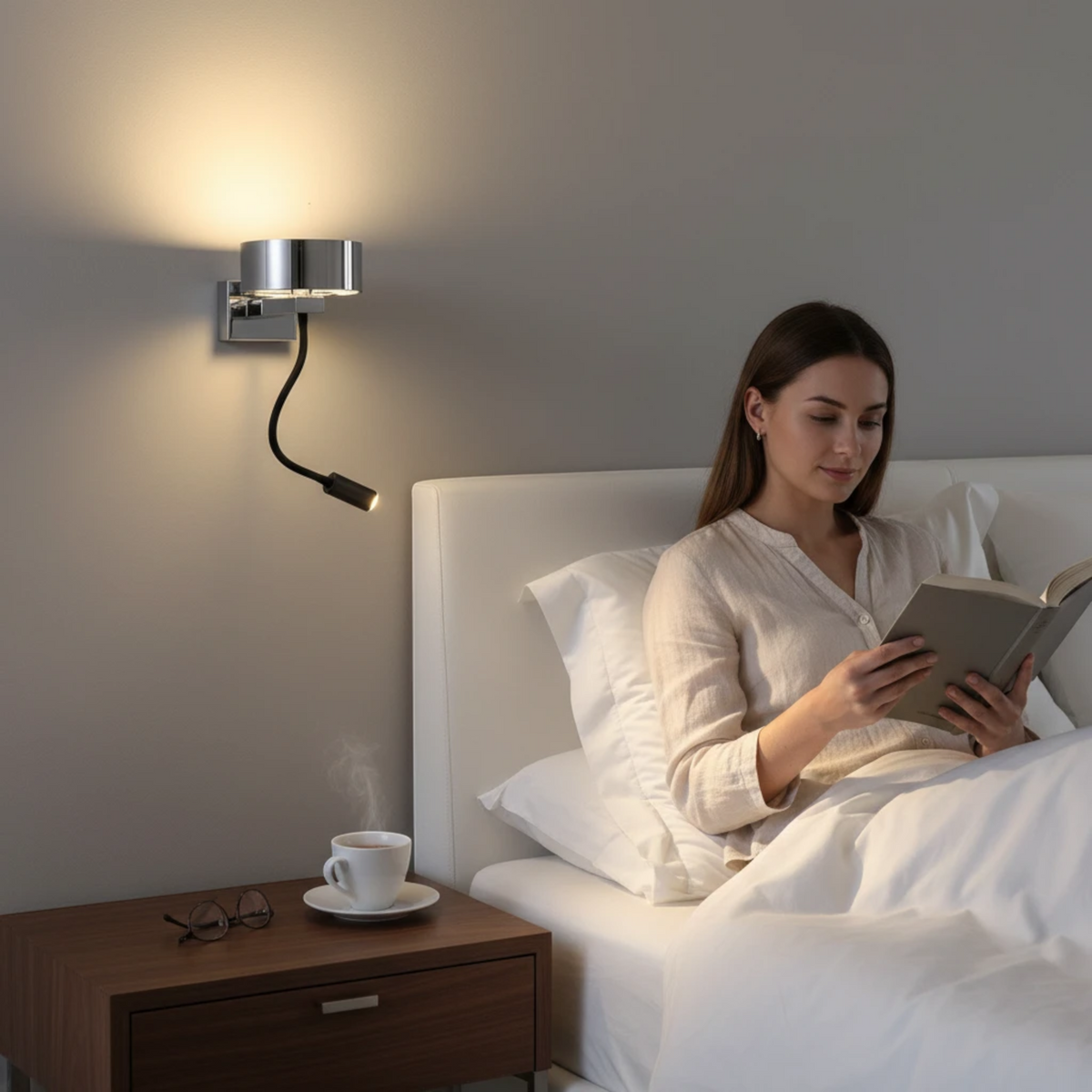 Ultra Beam Lighting Ltd polished chrome bedside wall lamp with a flexible black LED reading light above a bed.
