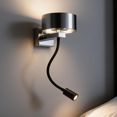 Ultra Beam Lighting Ltd polished chrome bedside wall lamp with a flexible black LED reading light arm.
