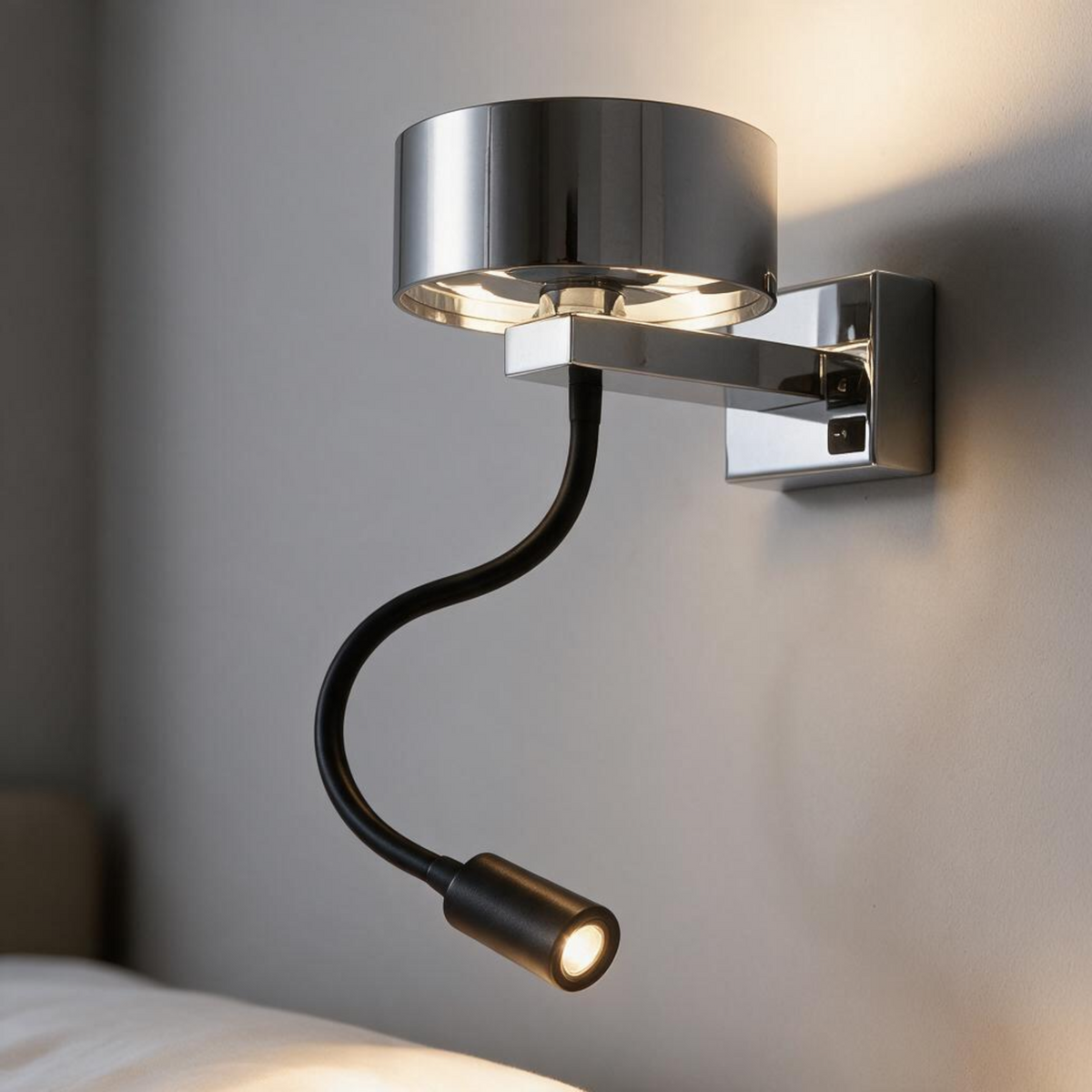 Ultra Beam Lighting Ltd polished chrome bedside wall lamp with a flexible black LED reading light arm.
