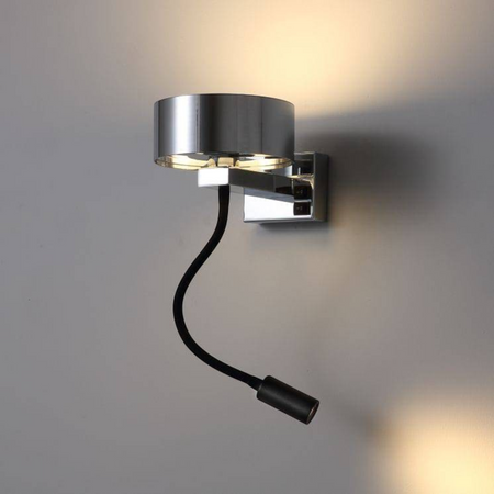 Ultra Beam Lighting Ltd polished chrome bedside wall lamp with a flexible black LED reading light arm.