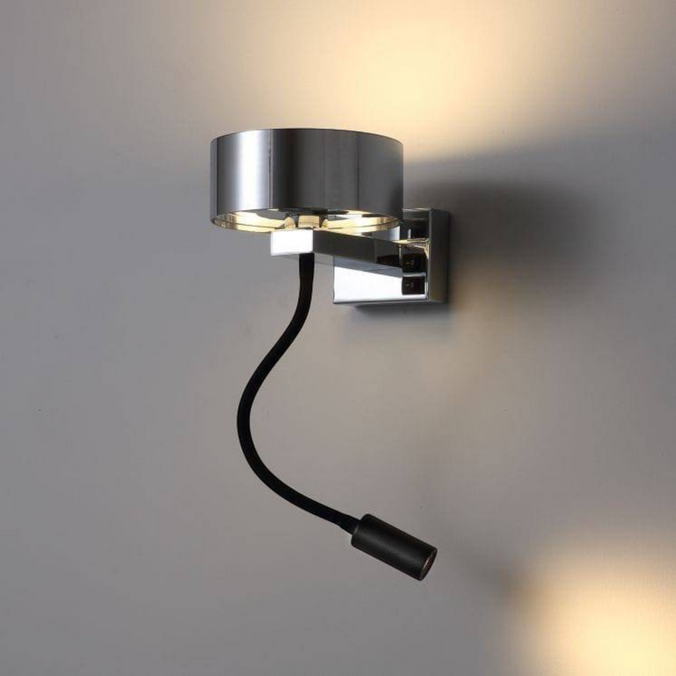 Ultra Beam Lighting Ltd polished chrome bedside wall lamp with a flexible black LED reading light arm.