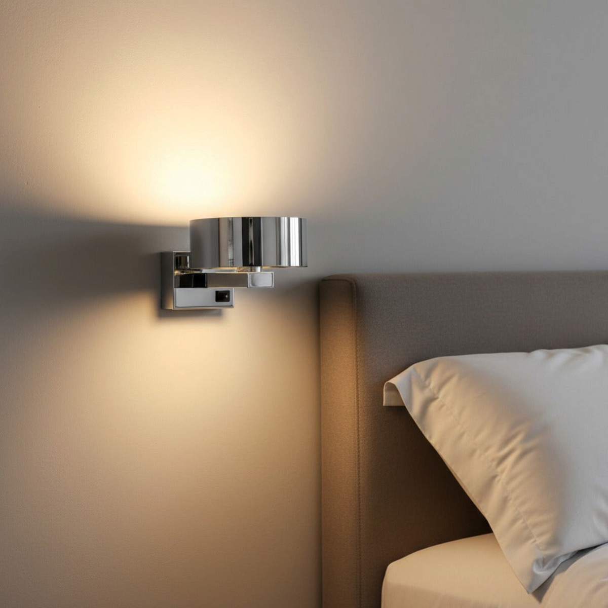 Ultra Beam Lighting Ltd modern chrome LED bedside wall reading light emitting a warm glow in a bedroom setting.