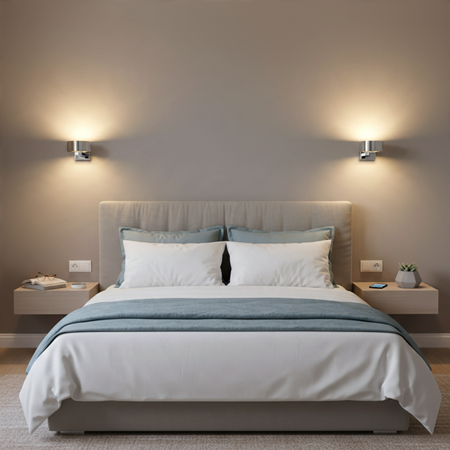 Ultra Beam Lighting Ltd 6W chrome LED wall reading lights mounted above a modern bedroom bed with soft warm glow