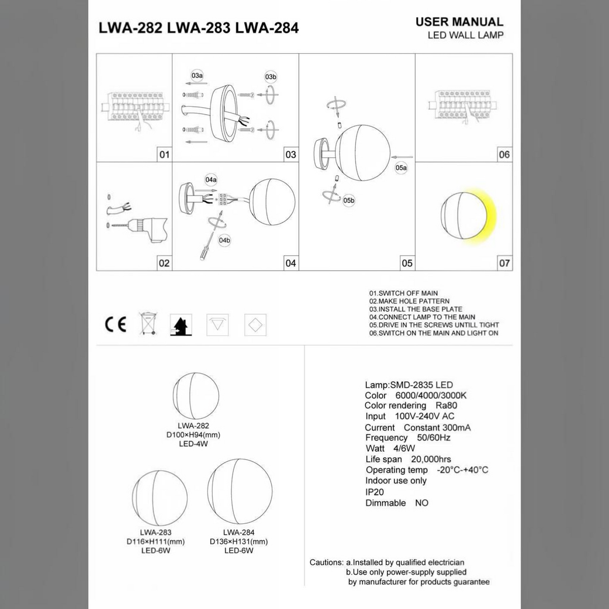 Ultra Beam Lighting Ltd installation guide for LWA284 dome shaped chrome indoor LED wall light with technical specs.