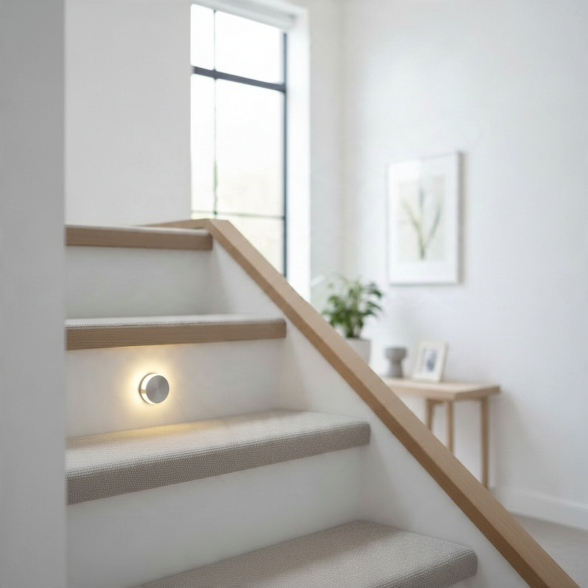 Ultra Beam Lighting Ltd Halo round 1-watt recessed LED step light in brushed aluminum installed on a carpeted staircase.