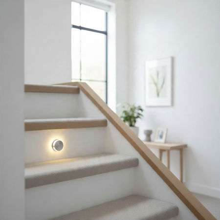 Ultra Beam Lighting Ltd Halo round 1-watt recessed LED step light in brushed aluminum installed on a carpeted staircase.