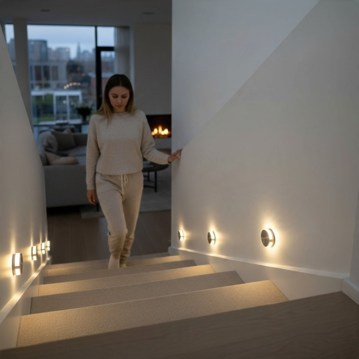 Ultra Beam Lighting Ltd Halo round 1 watt recessed LED step lights illuminating a modern staircase with a soft glow.