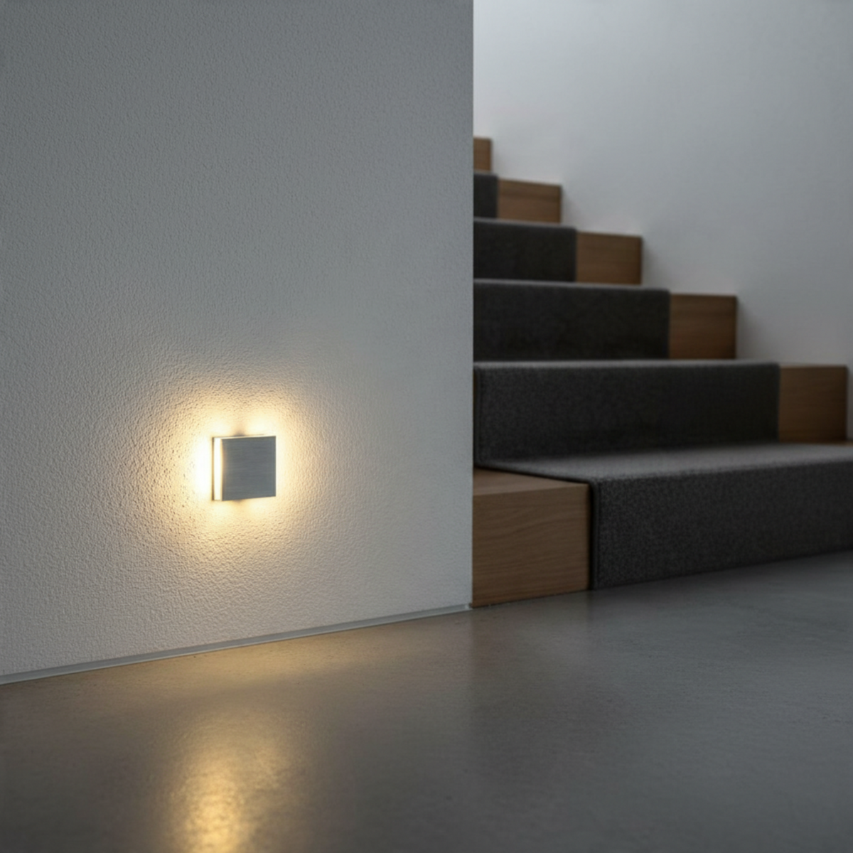 Ultra Beam Lighting Ltd Halo square 1 watt recessed LED stair light in brushed aluminum illuminating a wall