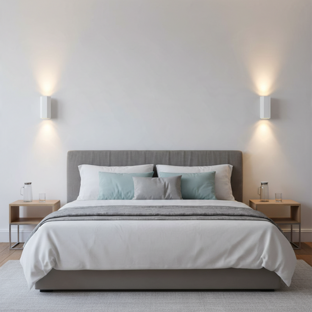 Ultra Beam Lighting Ltd white hexagonal up and down LED wall lights installed in a modern bedroom above bedside tables