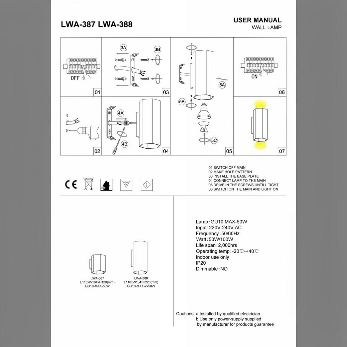 Ultra Beam Lighting Ltd hexagonal LED wall downlight installation guide and technical specifications diagram